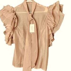 NWT Two Twin Style Champagne Rhinestones Button Front Sheer Ruffle Cap Sleeve XL